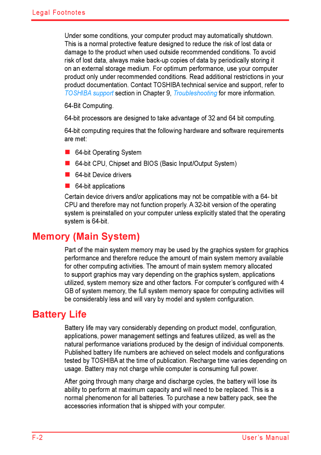 Panasonic U500D user manual Memory Main System, Battery Life 