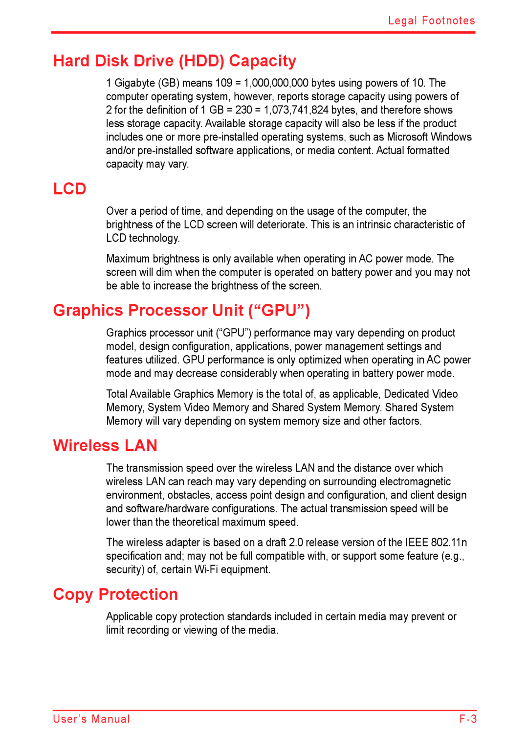 Panasonic U500D user manual Hard Disk Drive HDD Capacity, Graphics Processor Unit GPU, Wireless LAN, Copy Protection 