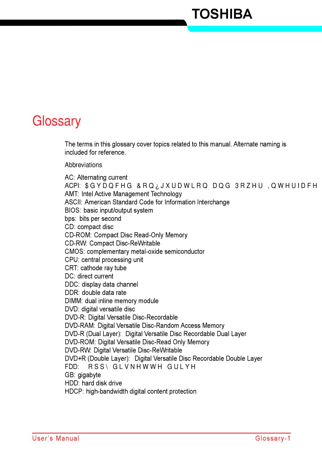 Panasonic U500D user manual Glossary, Abbreviations 