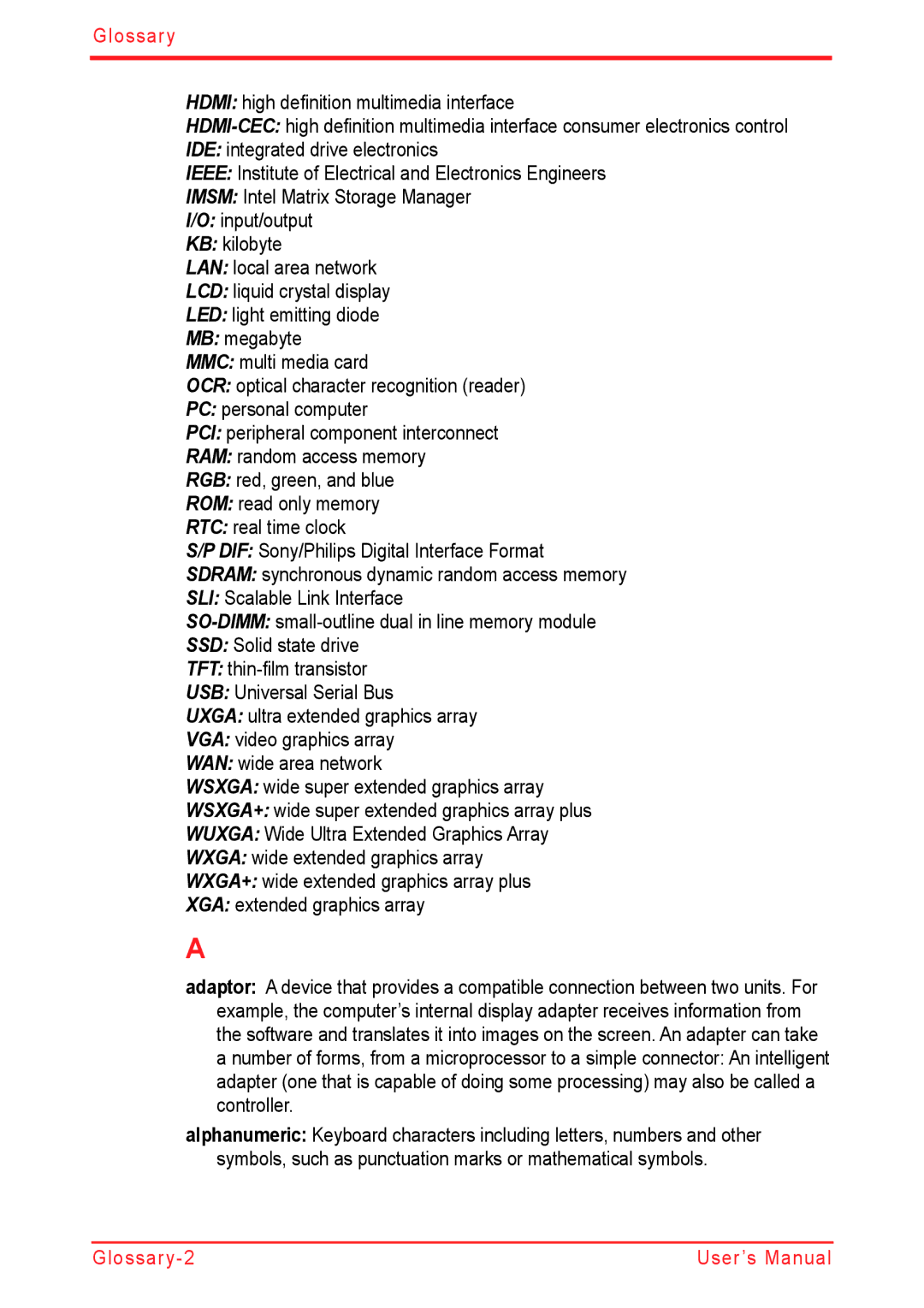 Panasonic U500D user manual Glossary User’s Manual 