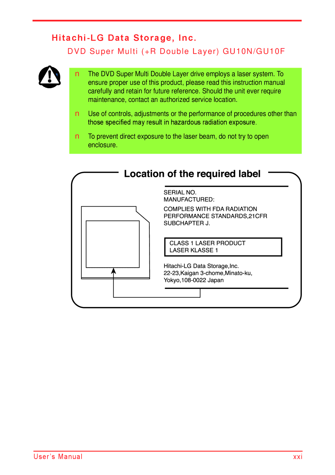 Panasonic U500D user manual Hitachi-LG Data Storage, Inc, DVD Super Multi +R Double Layer GU10N/GU10F 