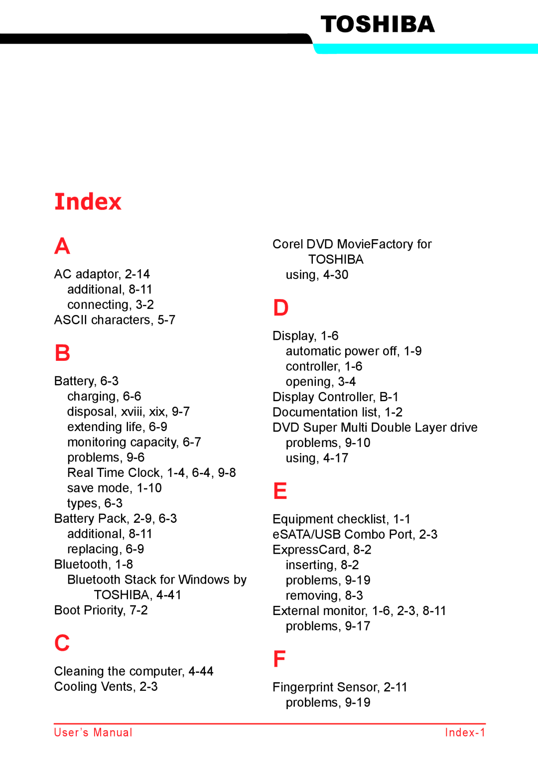 Panasonic U500D user manual Index, Toshiba 