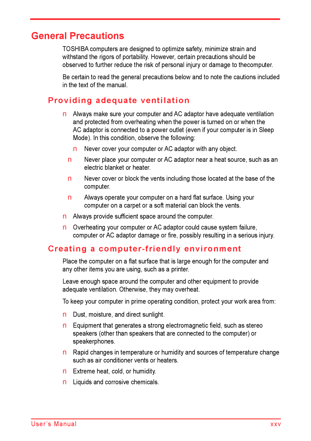 Panasonic U500D user manual General Precautions, Providing adequate ventilation, Creating a computer-friendly environment 