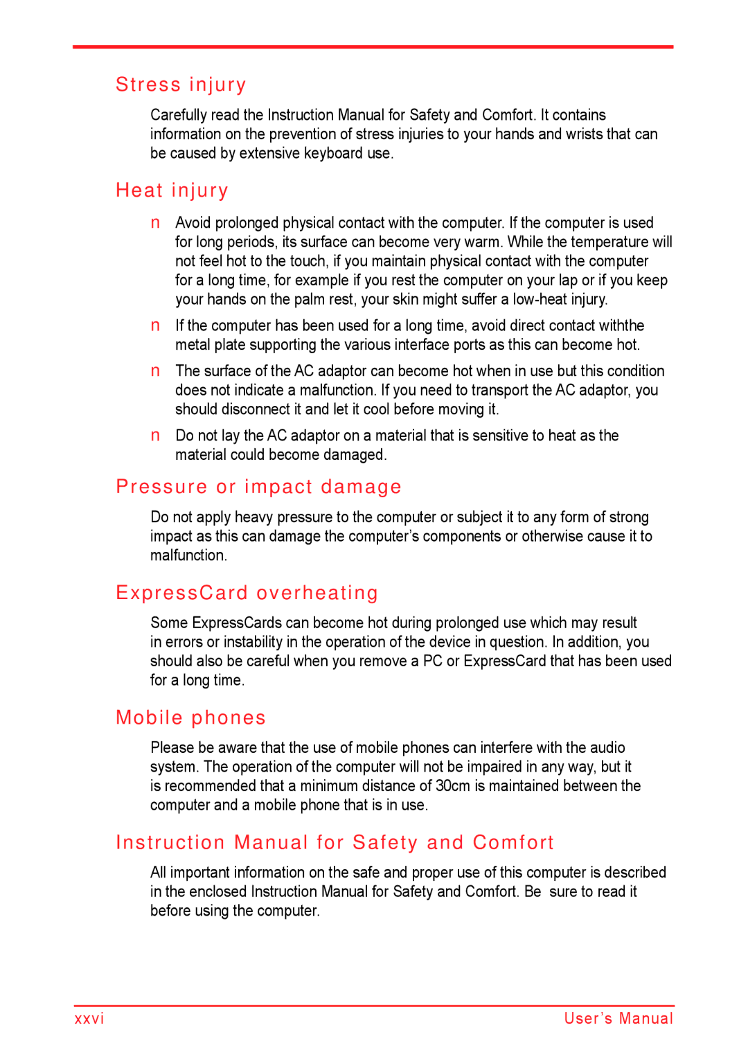 Panasonic U500D user manual Stress injury Heat injury, Pressure or impact damage, ExpressCard overheating, Mobile phones 