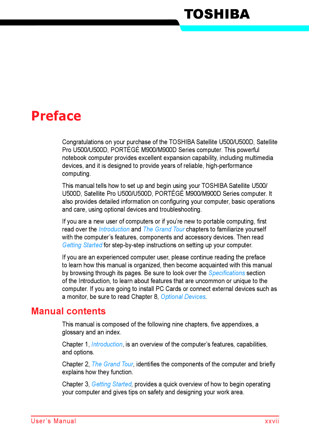 Panasonic U500D user manual Preface, Manual contents 