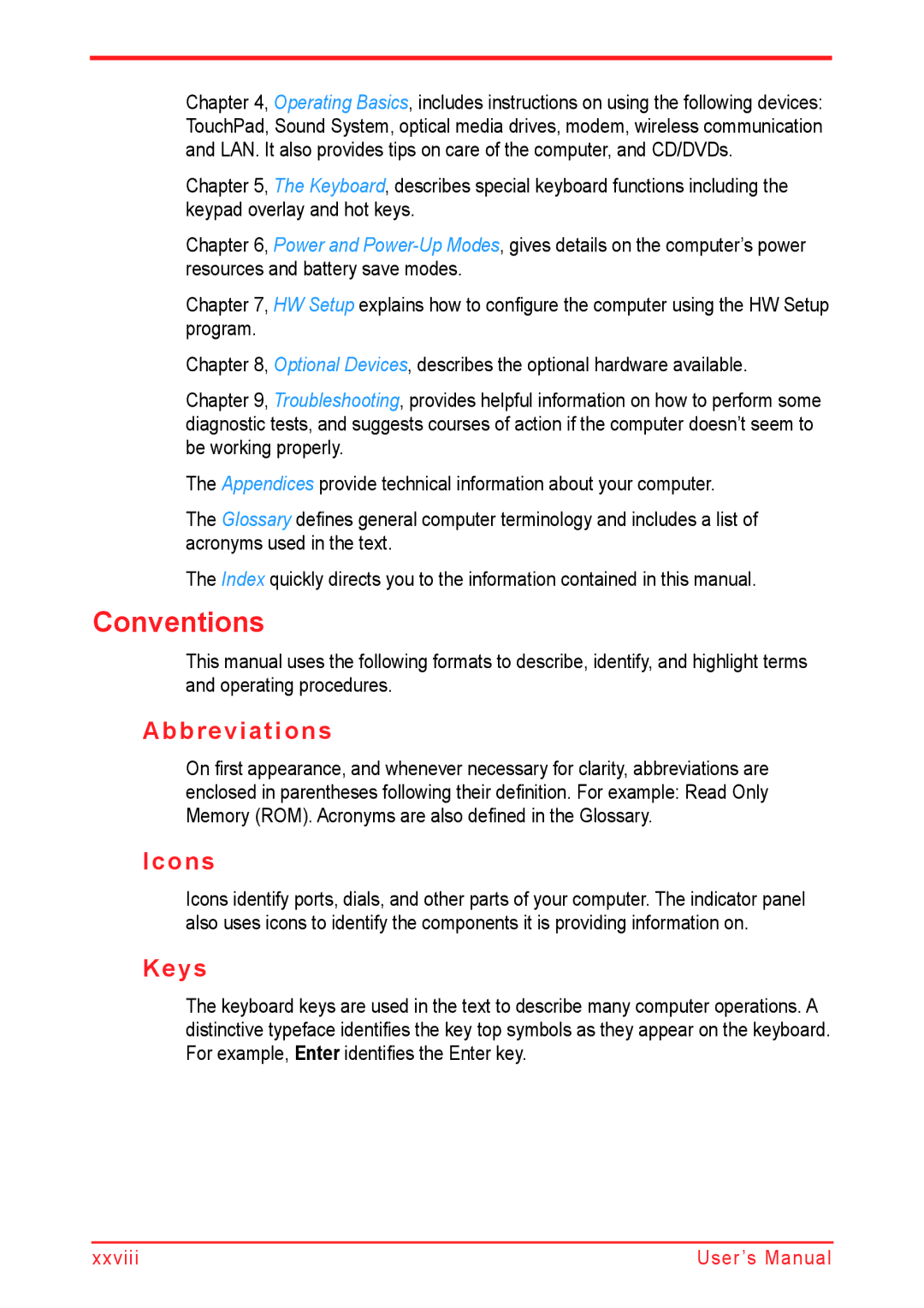 Panasonic U500D user manual Conventions, Abbreviations, Icons, Keys 