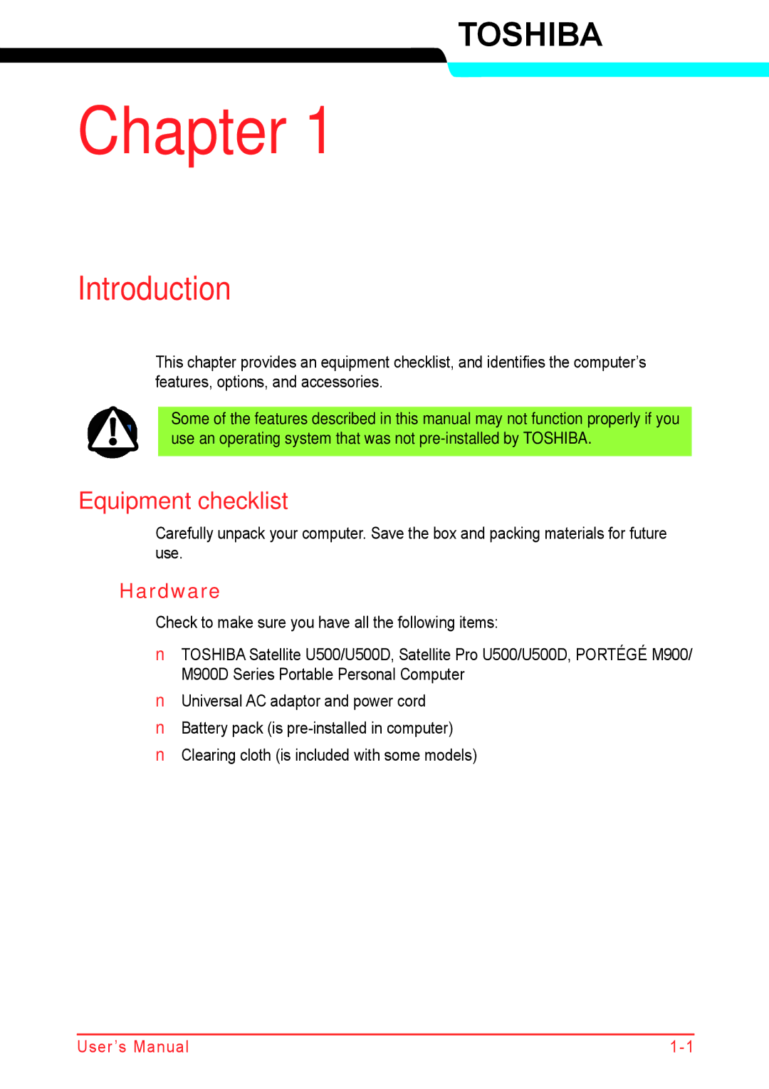 Panasonic U500D user manual Introduction, Equipment checklist, Hardware 