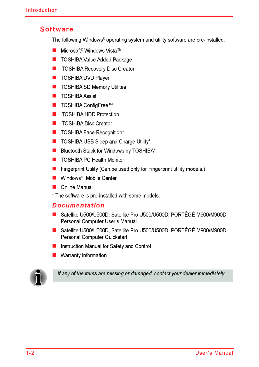 Panasonic U500D user manual Software, Documentation 