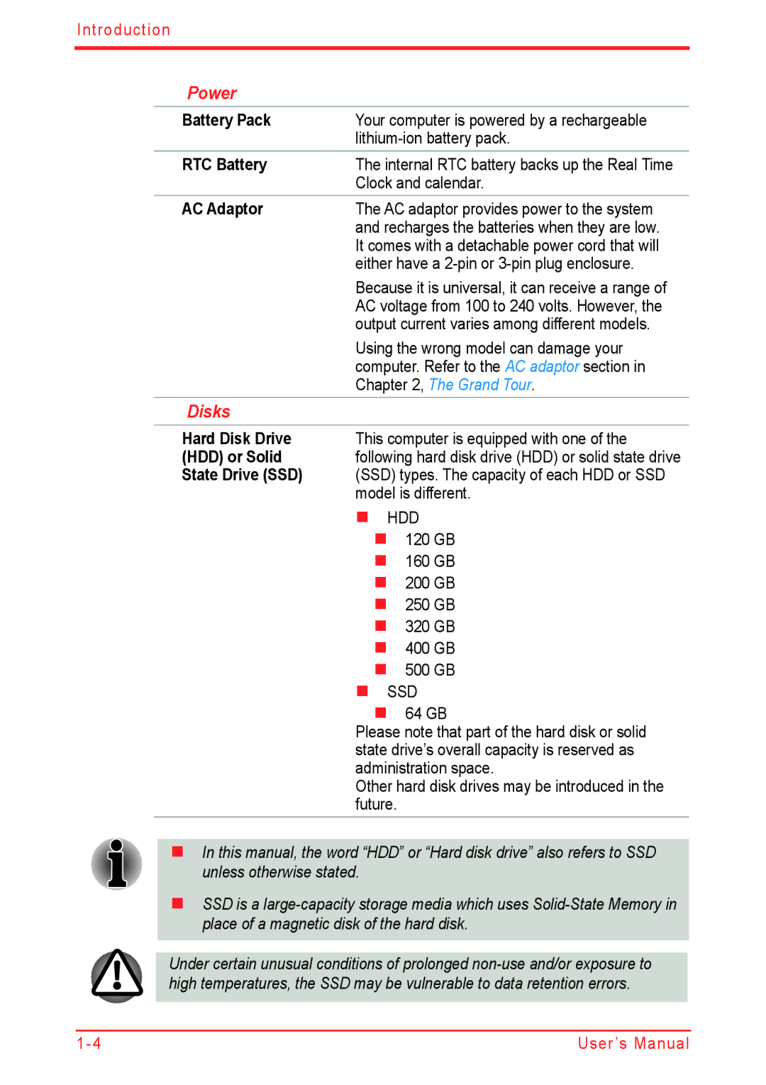 Panasonic U500D user manual Power, Disks, Battery Pack, RTC Battery 