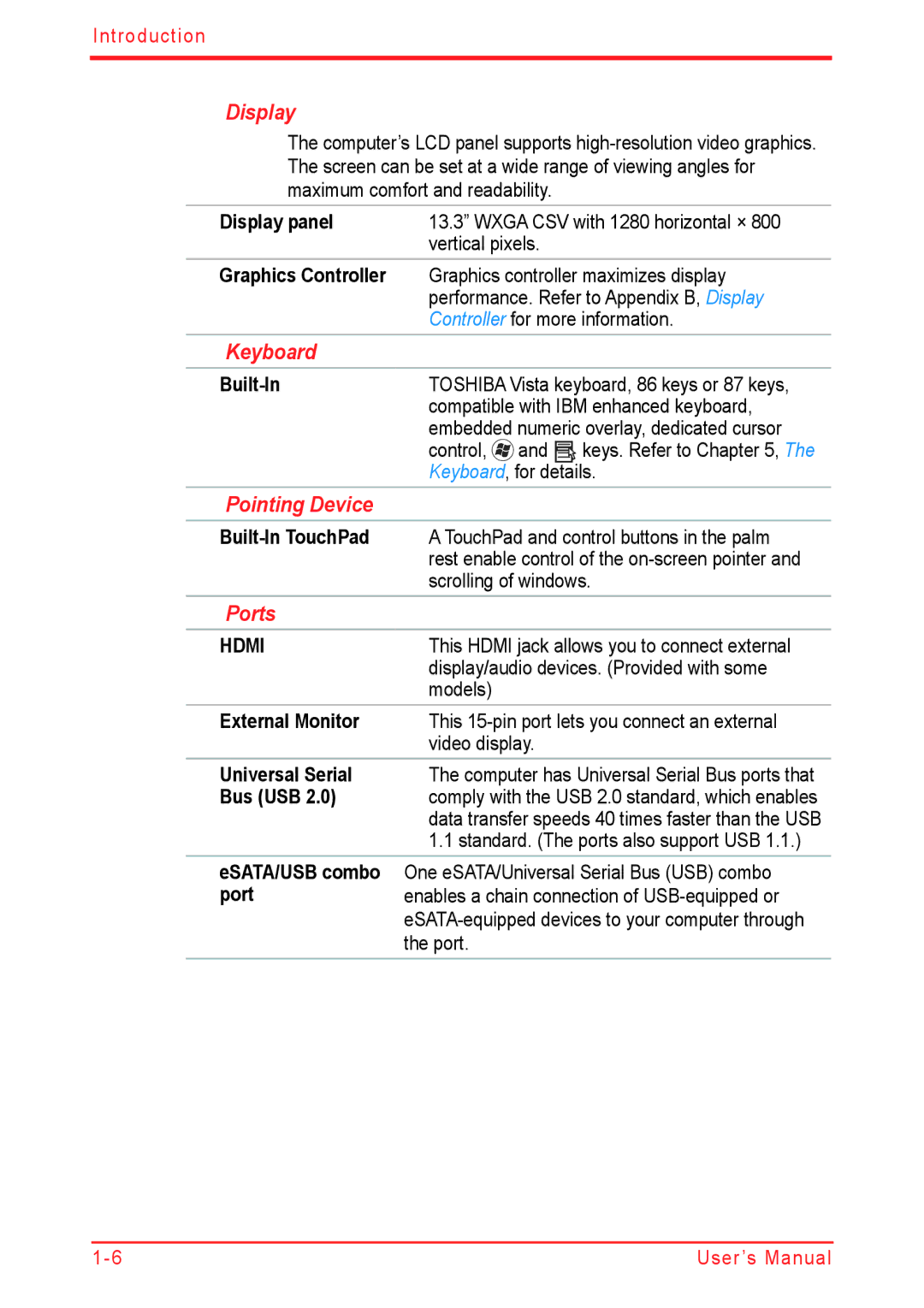 Panasonic U500D user manual Display, Keyboard, Pointing Device, Ports 