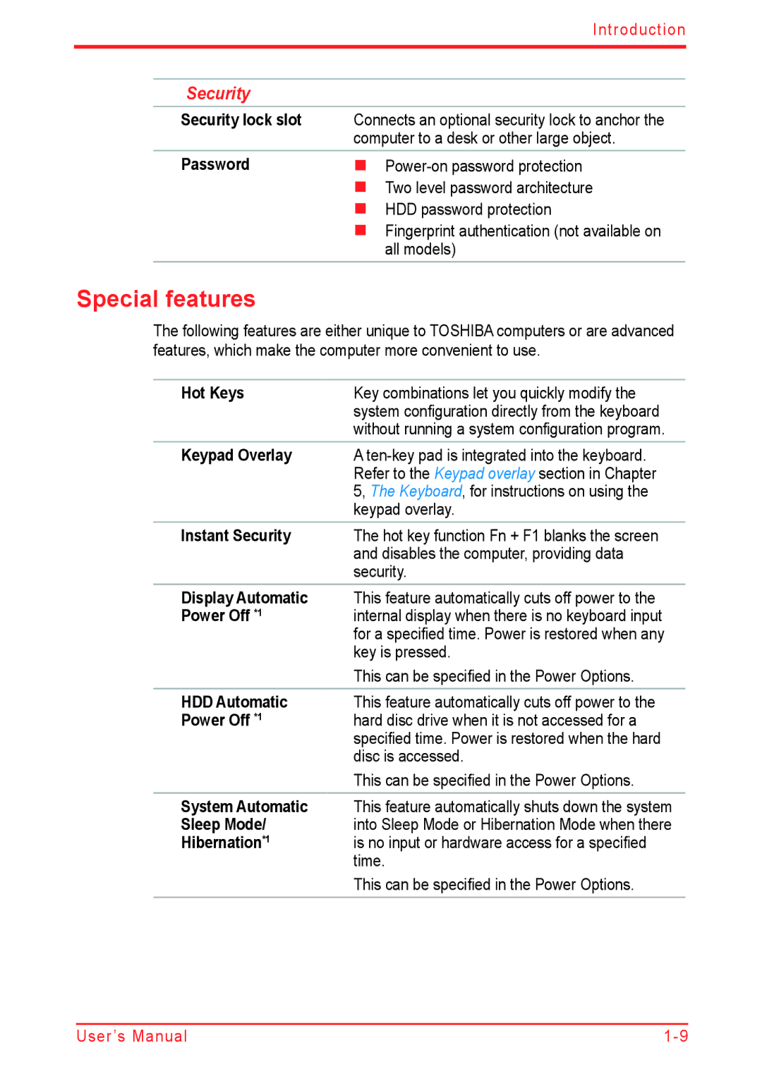 Panasonic U500D user manual Special features, Security 