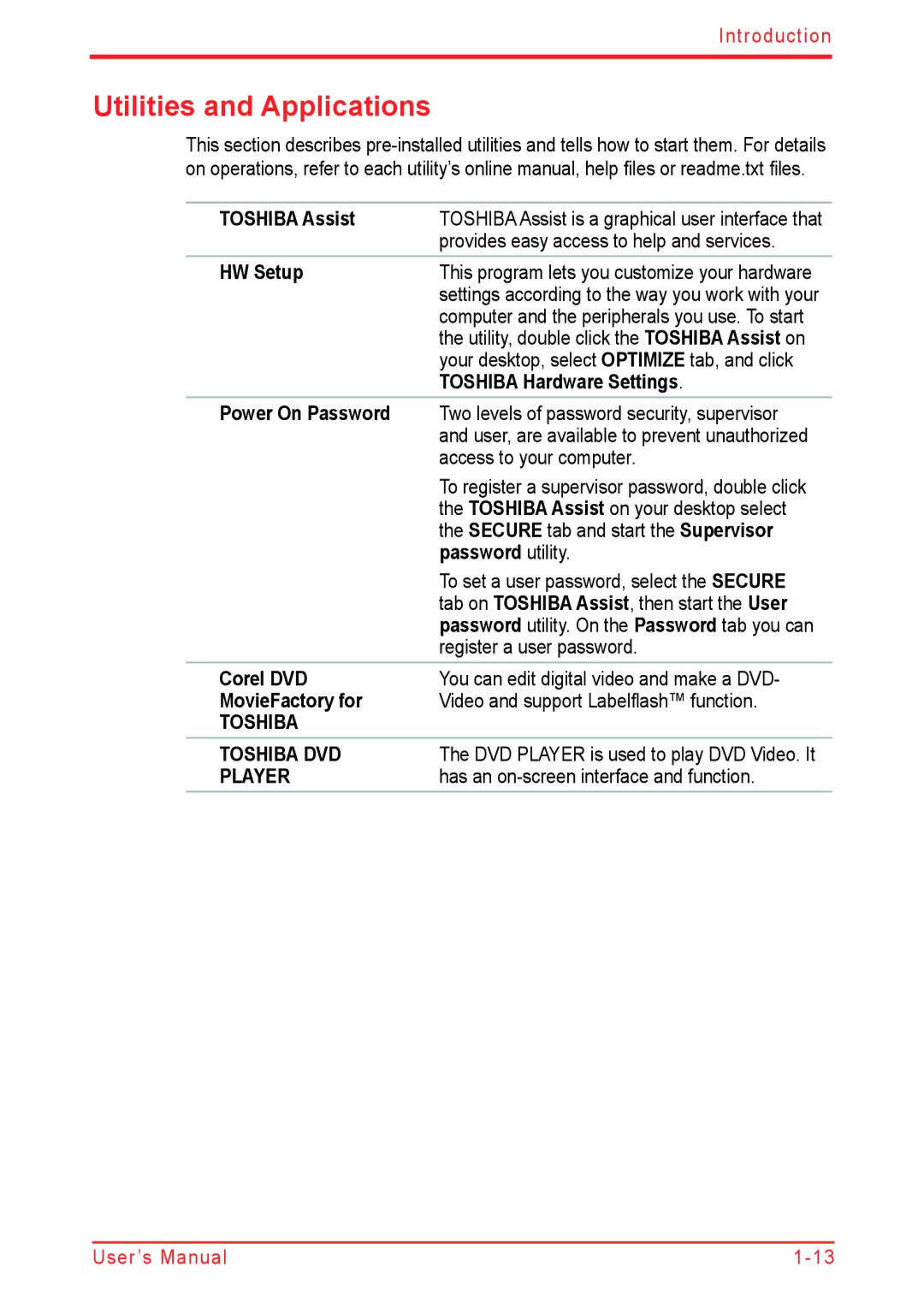 Panasonic U500D user manual Utilities and Applications 