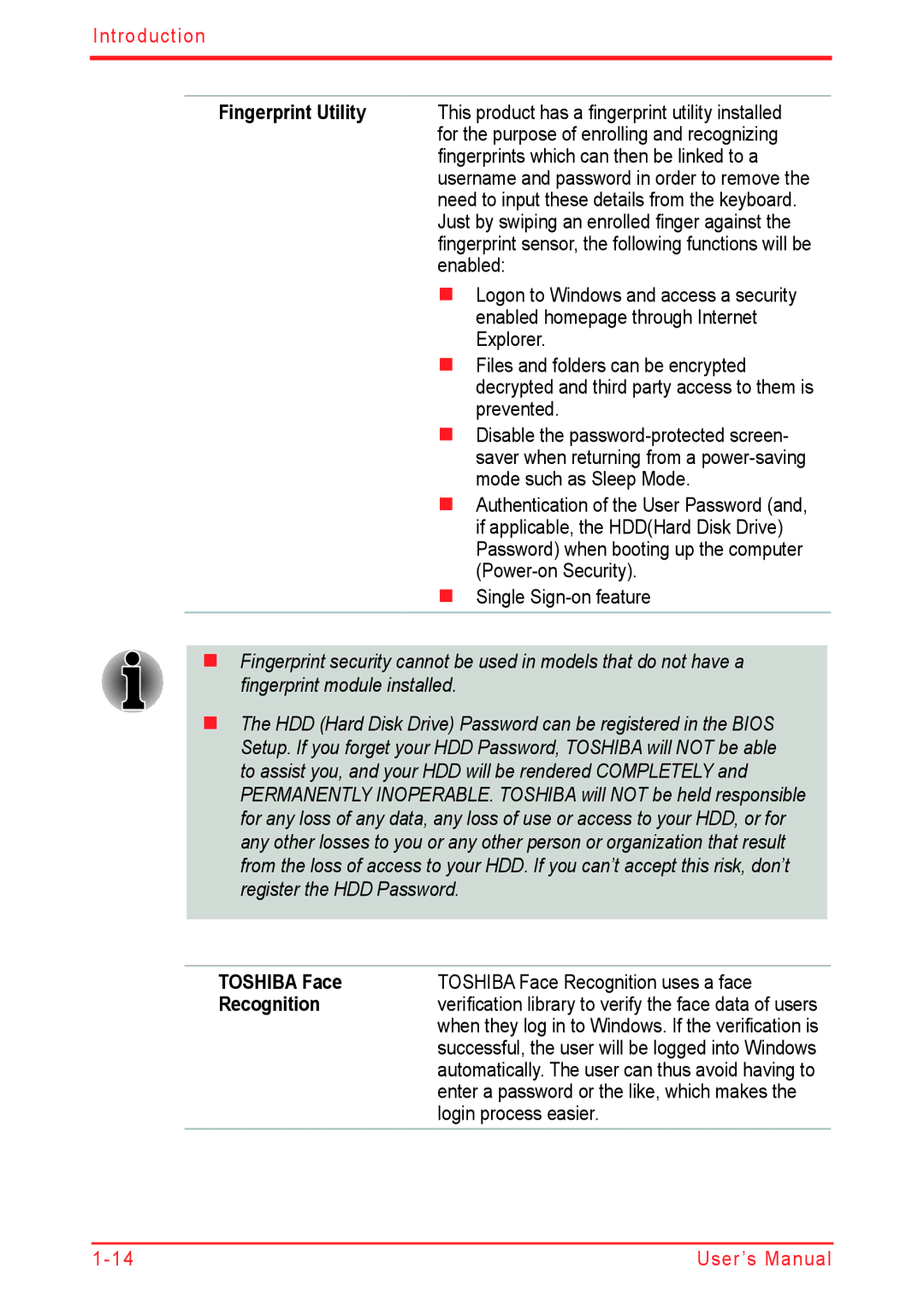 Panasonic U500D user manual Fingerprint Utility, Toshiba Face, Recognition 