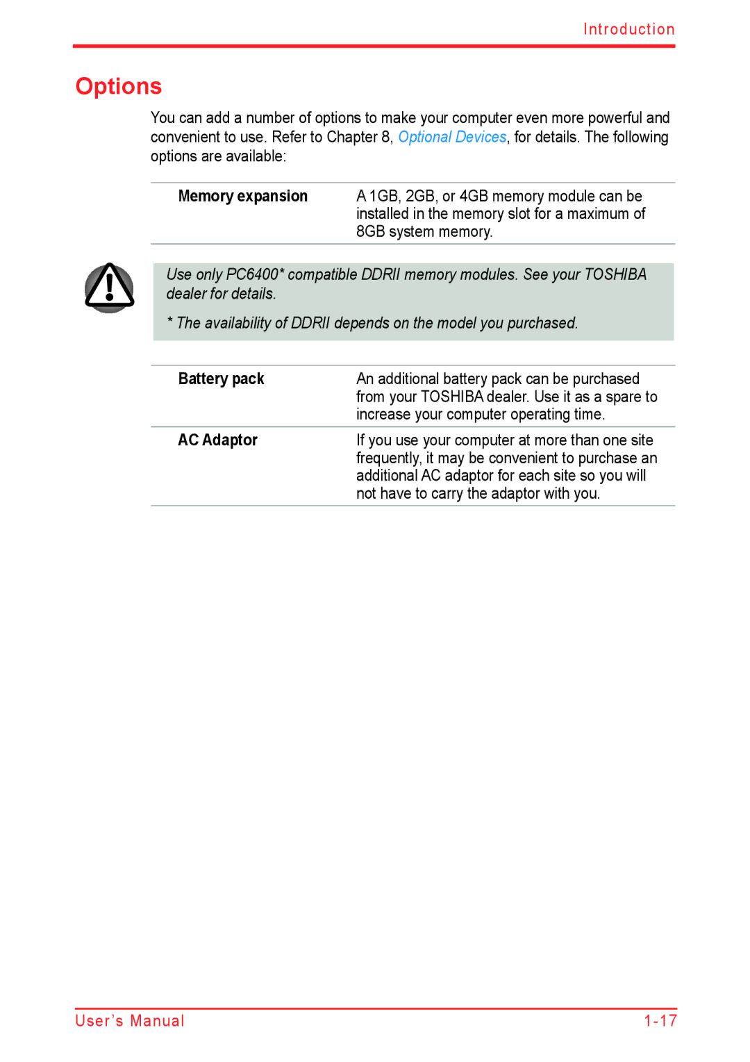 Panasonic U500D user manual Options, Increase your computer operating time, Not have to carry the adaptor with you 