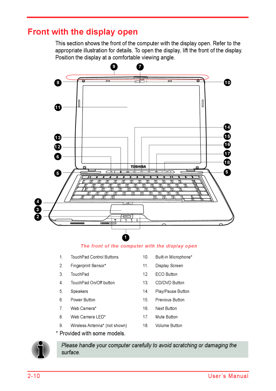 Panasonic U500D user manual Front with the display open, Front of the computer with the display open 