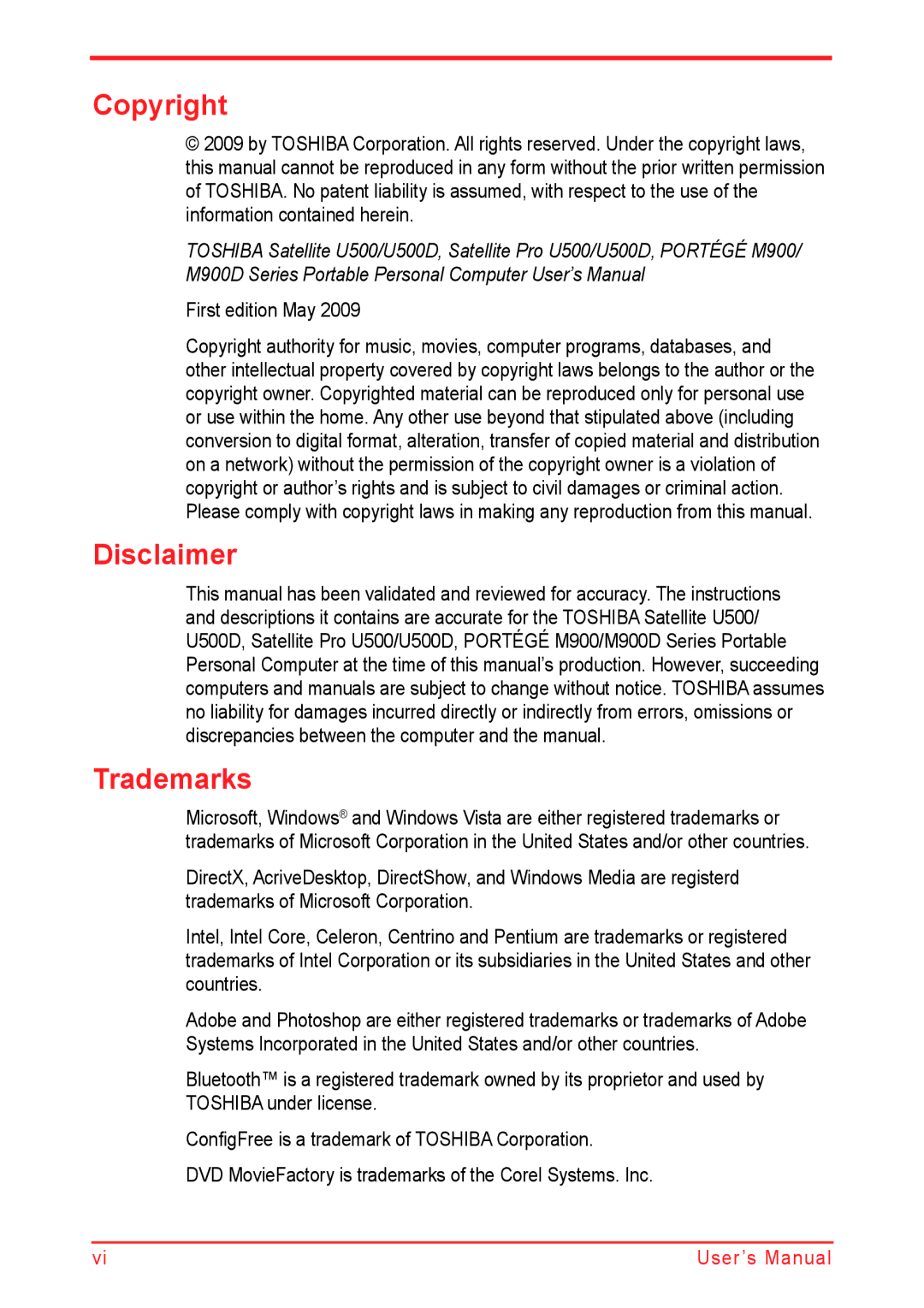 Panasonic U500D user manual Copyright, Disclaimer, Trademarks, First edition May 