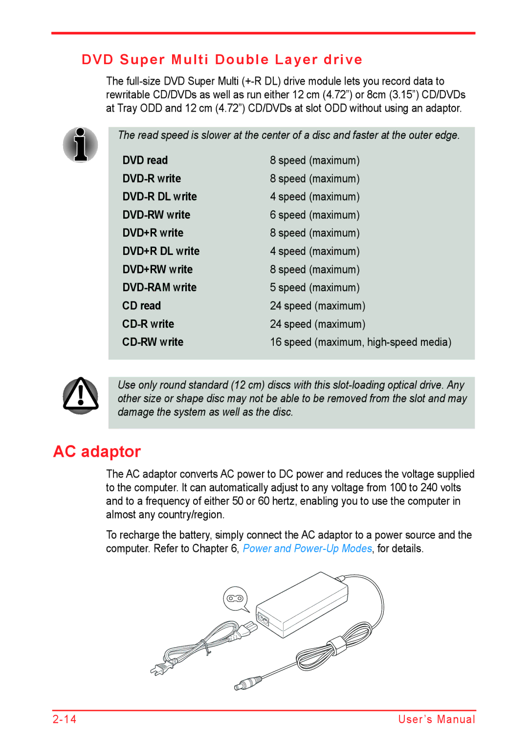 Panasonic U500D user manual AC adaptor, DVD Super Multi Double Layer drive 