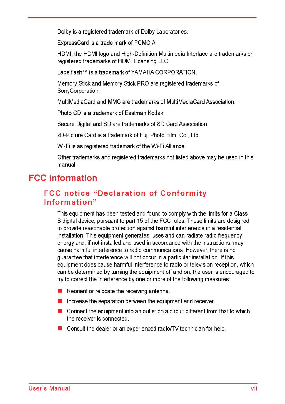 Panasonic U500D user manual FCC information, FCC notice Declaration of Conformity Information 