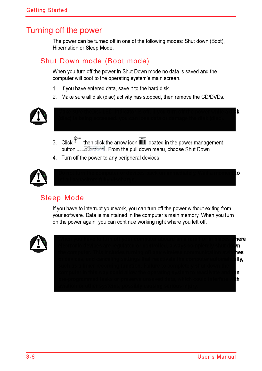 Panasonic U500D user manual Turning off the power, Shut Down mode Boot mode, Sleep Mode 