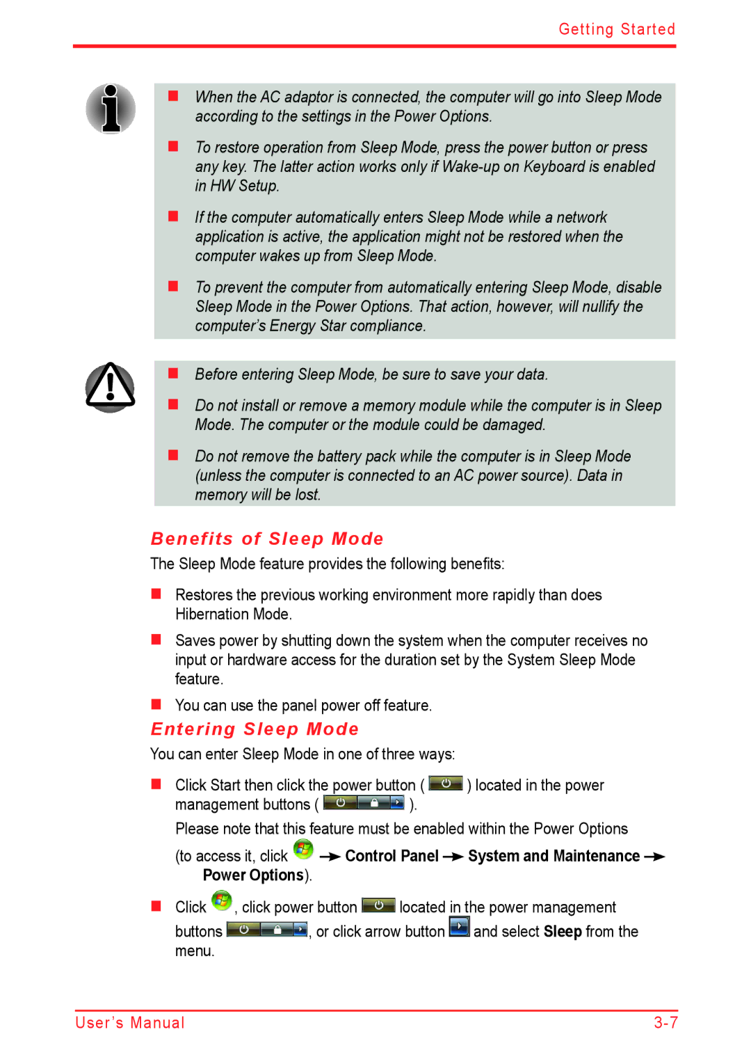 Panasonic U500D user manual Benefits of Sleep Mode, Entering Sleep Mode 