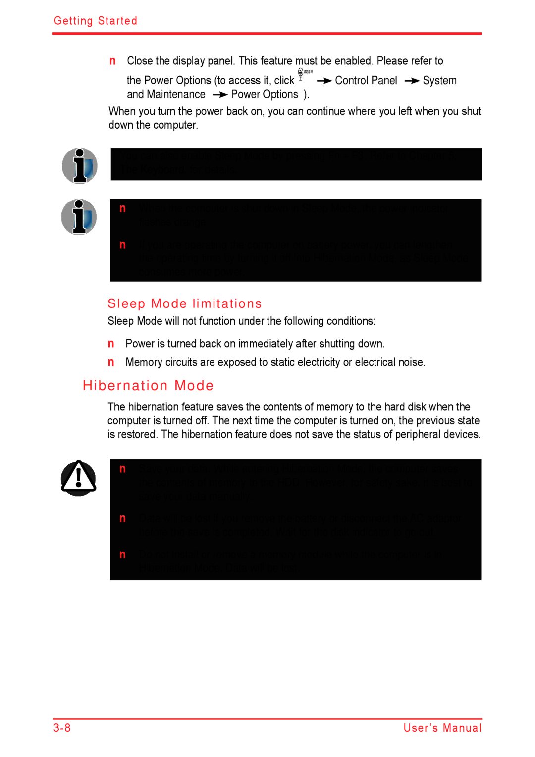 Panasonic U500D user manual Hibernation Mode, Sleep Mode limitations 