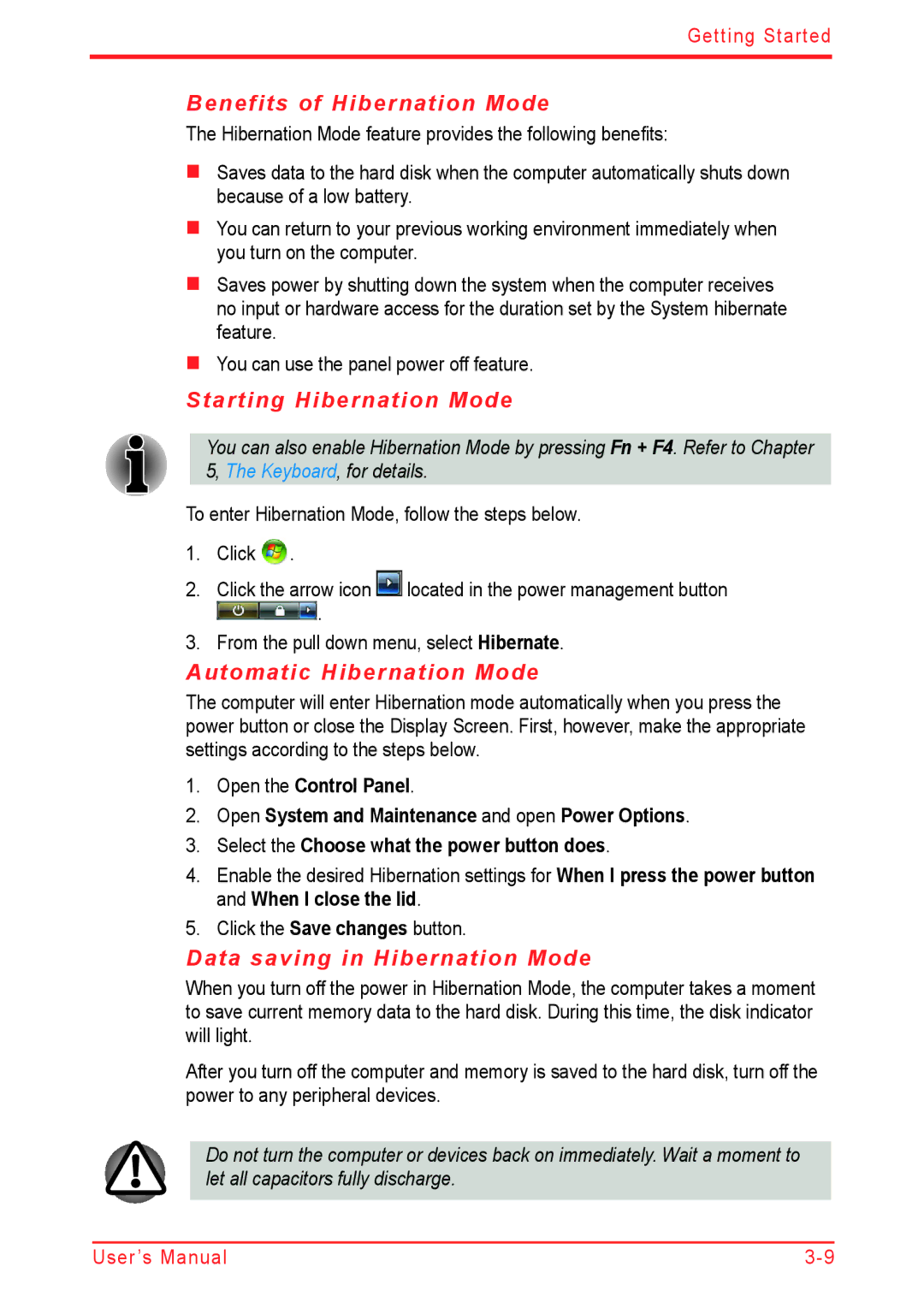 Panasonic U500D user manual Benefits of Hibernation Mode, Starting Hibernation Mode, Automatic Hibernation Mode 