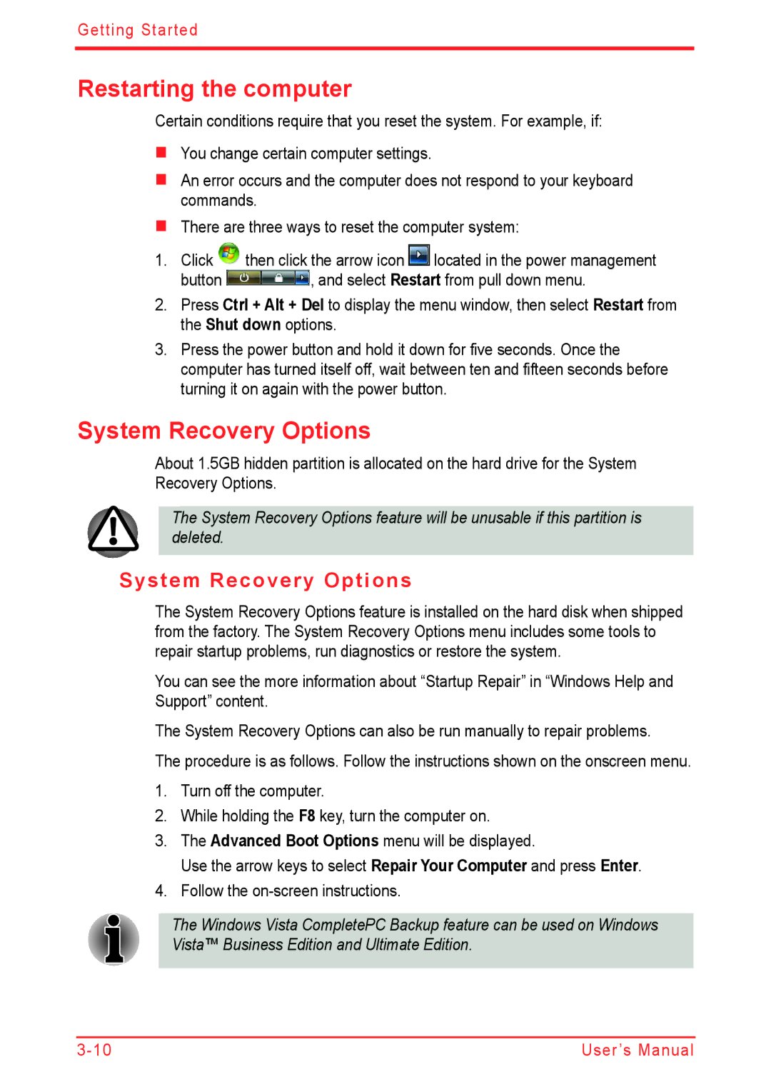 Panasonic U500D user manual Restarting the computer, System Recovery Options 