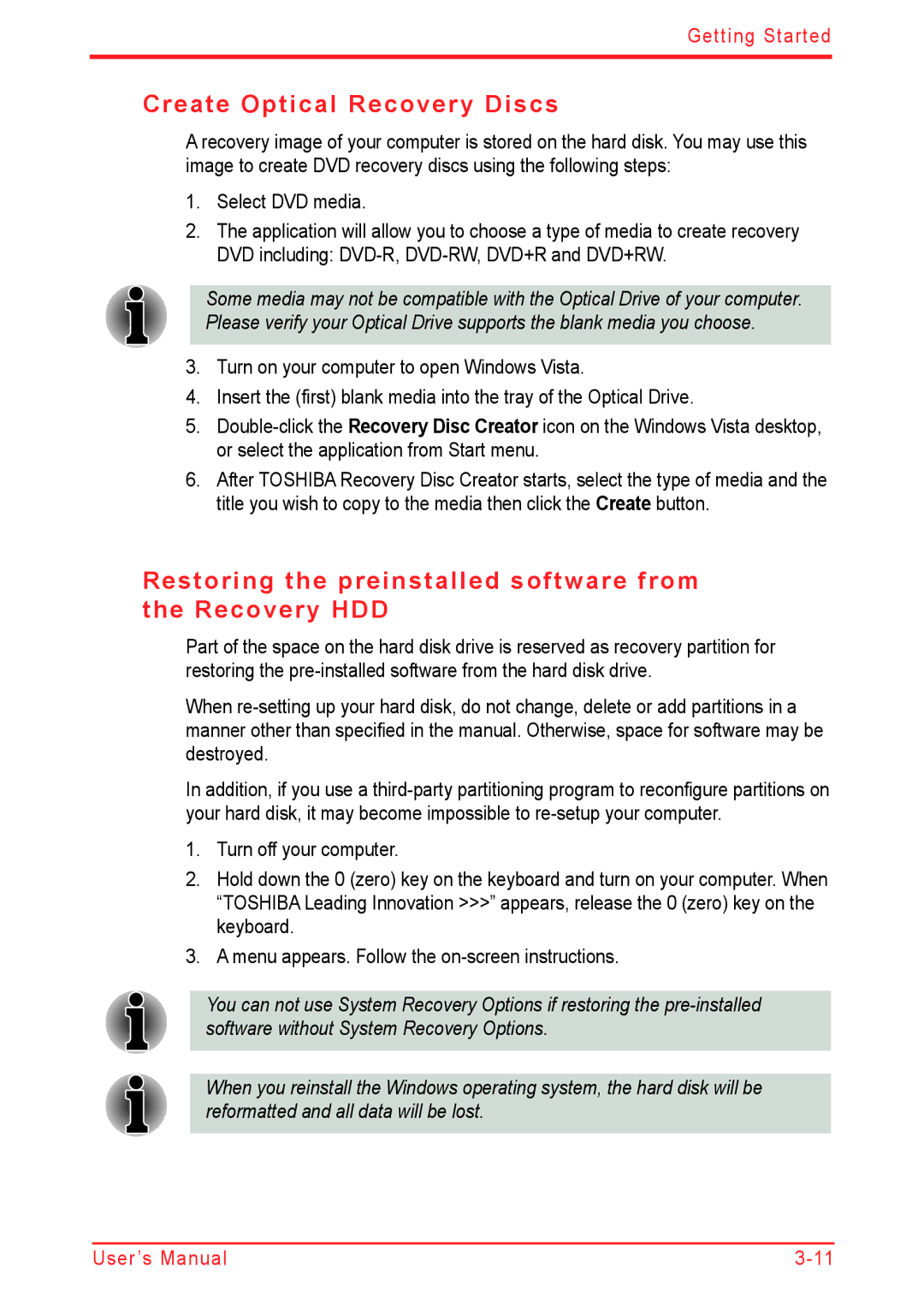 Panasonic U500D user manual Create Optical Recovery Discs, Restoring the preinstalled software from the Recovery HDD 