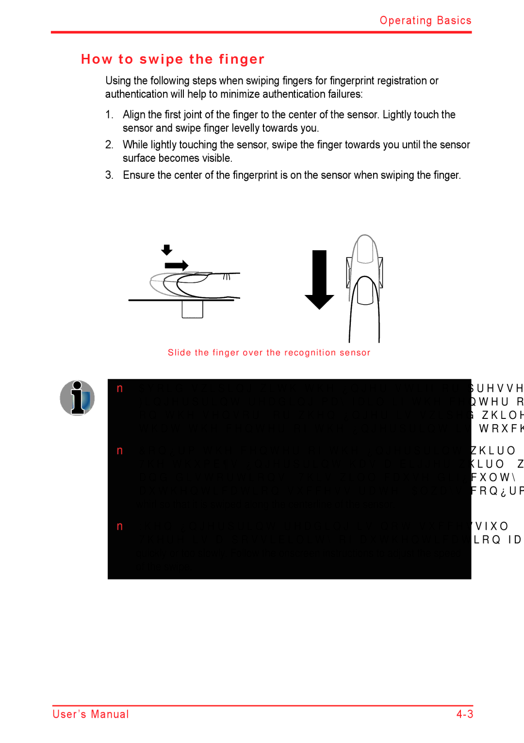 Panasonic U500D user manual How to swipe the finger, Confirm the center of the fingerprint whirl before swiping 