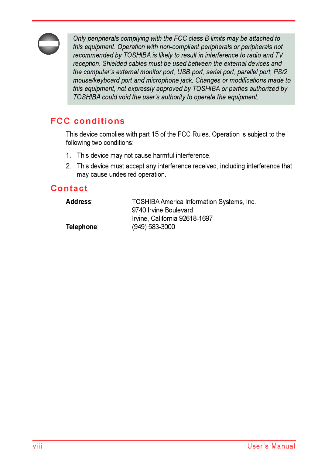 Panasonic U500D user manual FCC conditions, Contact, Address, Telephone 