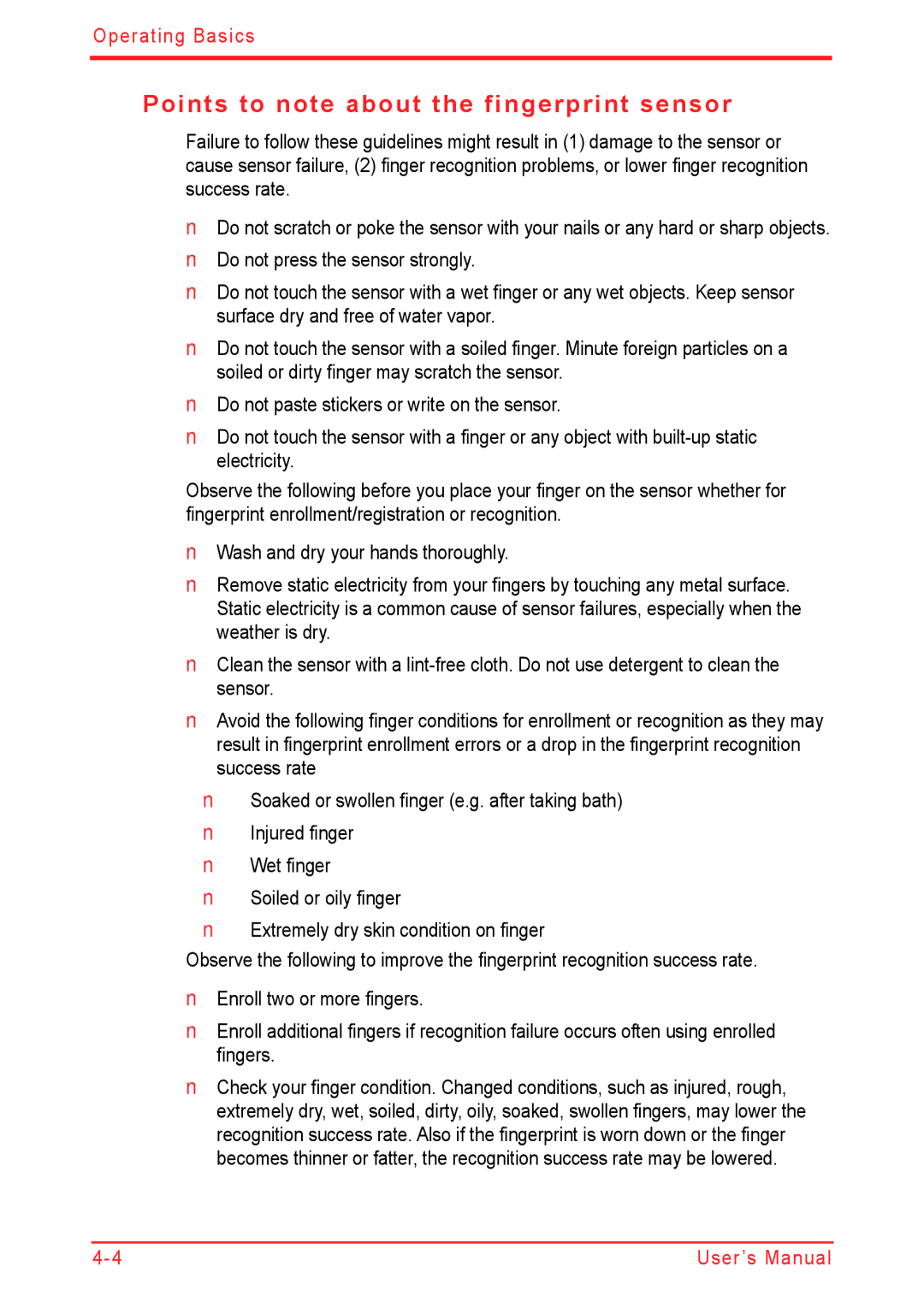 Panasonic U500D user manual Points to note about the fingerprint sensor 