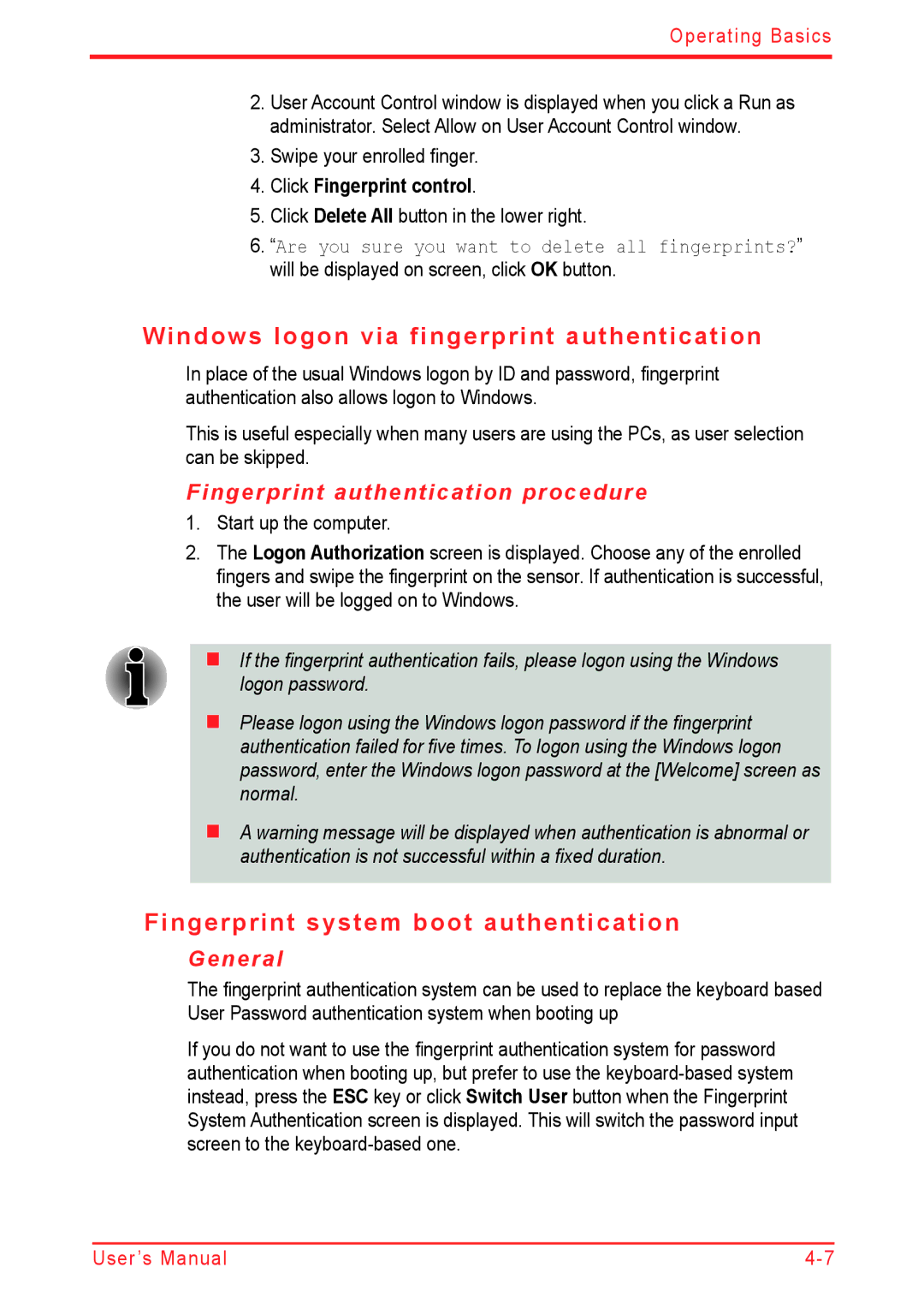 Panasonic U500D user manual Windows logon via fingerprint authentication, Fingerprint system boot authentication, General 