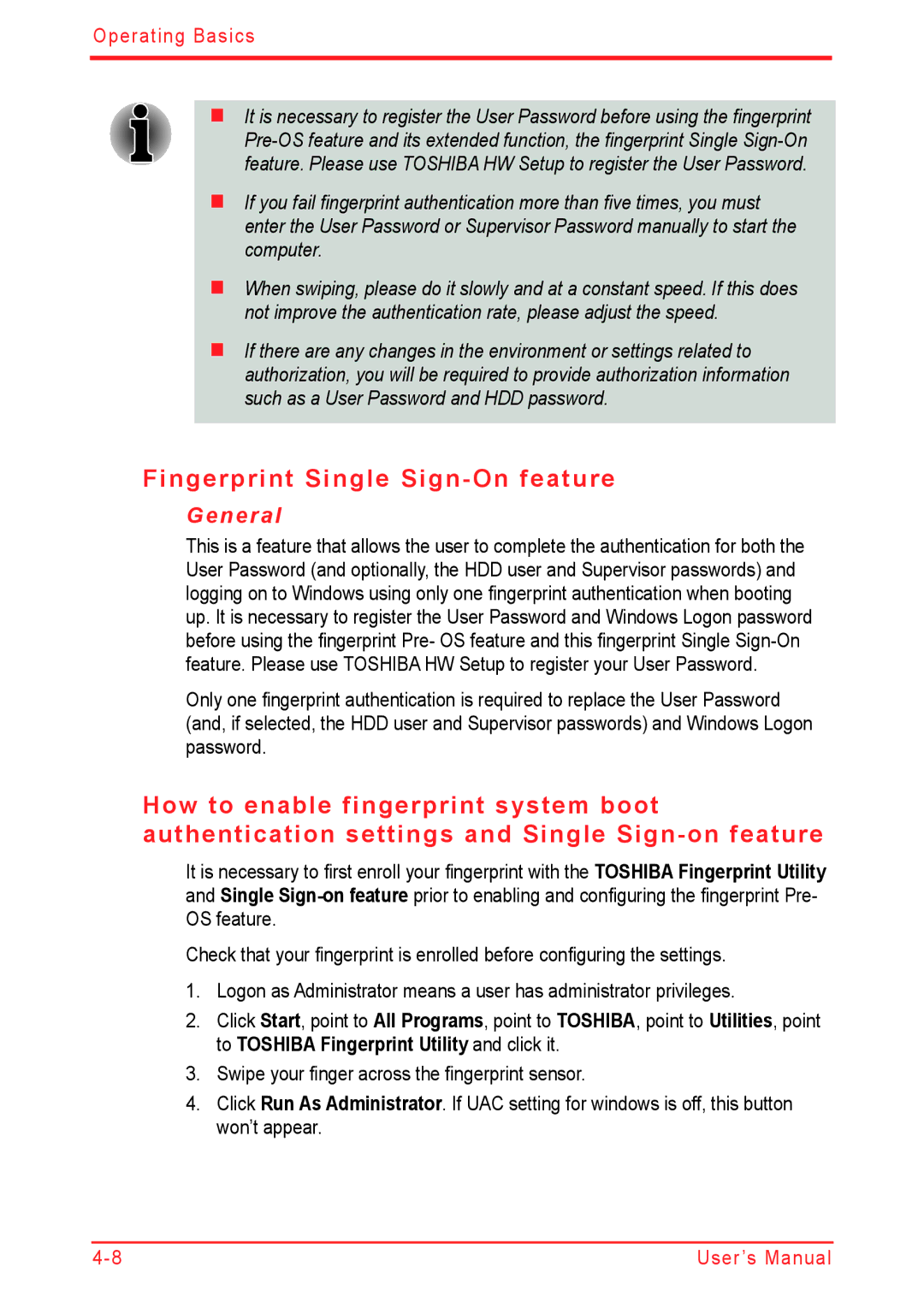 Panasonic U500D user manual Fingerprint Single Sign-On feature 