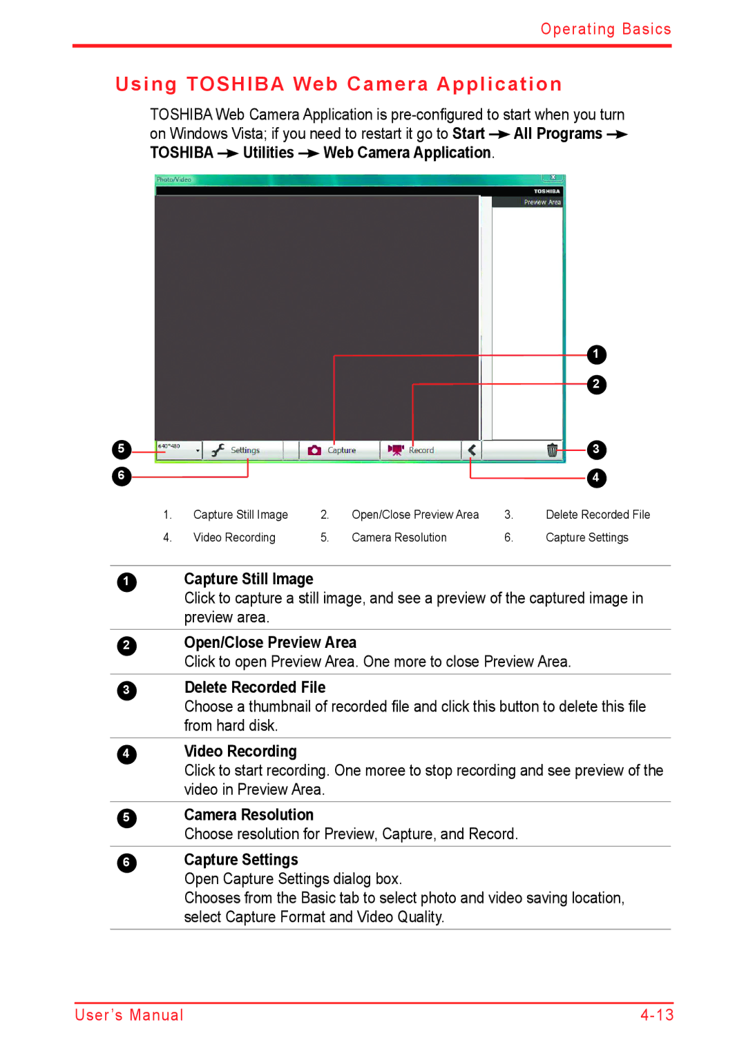 Panasonic U500D user manual Using Toshiba Web Camera Application 