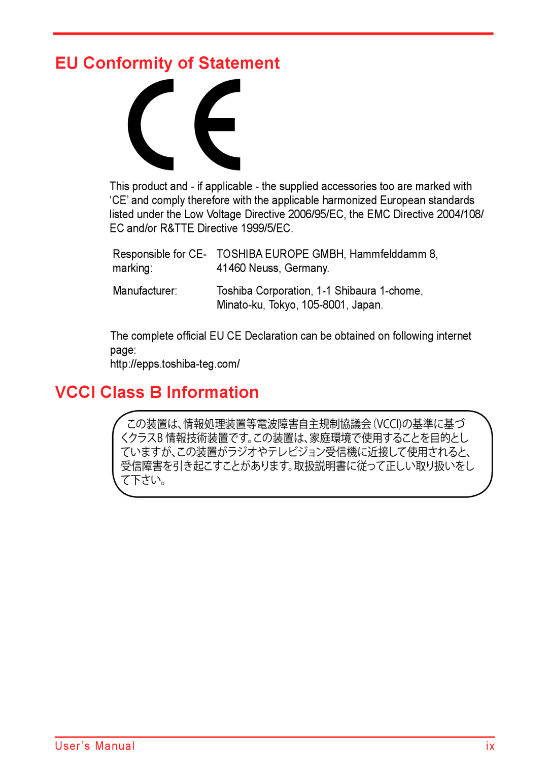 Panasonic U500D user manual EU Conformity of Statement, Vcci Class B Information, Minato-ku, Tokyo, 105-8001, Japan 