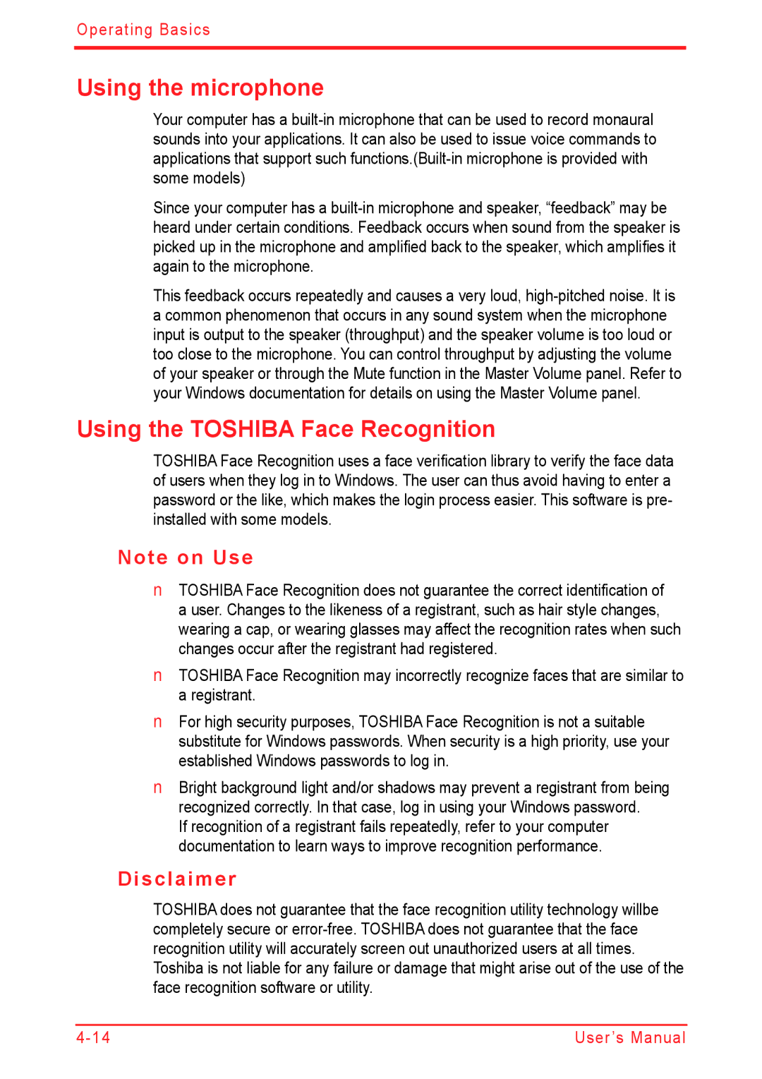 Panasonic U500D user manual Using the microphone, Using the Toshiba Face Recognition, Disclaimer 