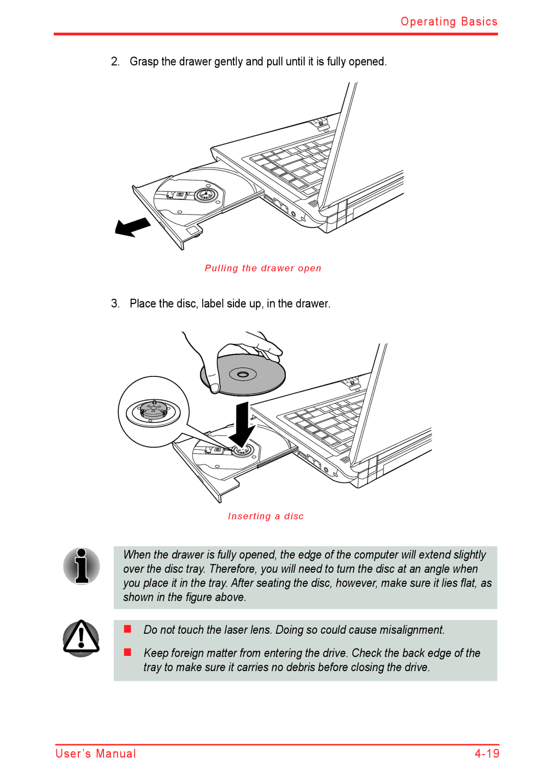 Panasonic U500D Grasp the drawer gently and pull until it is fully opened, Place the disc, label side up, in the drawer 