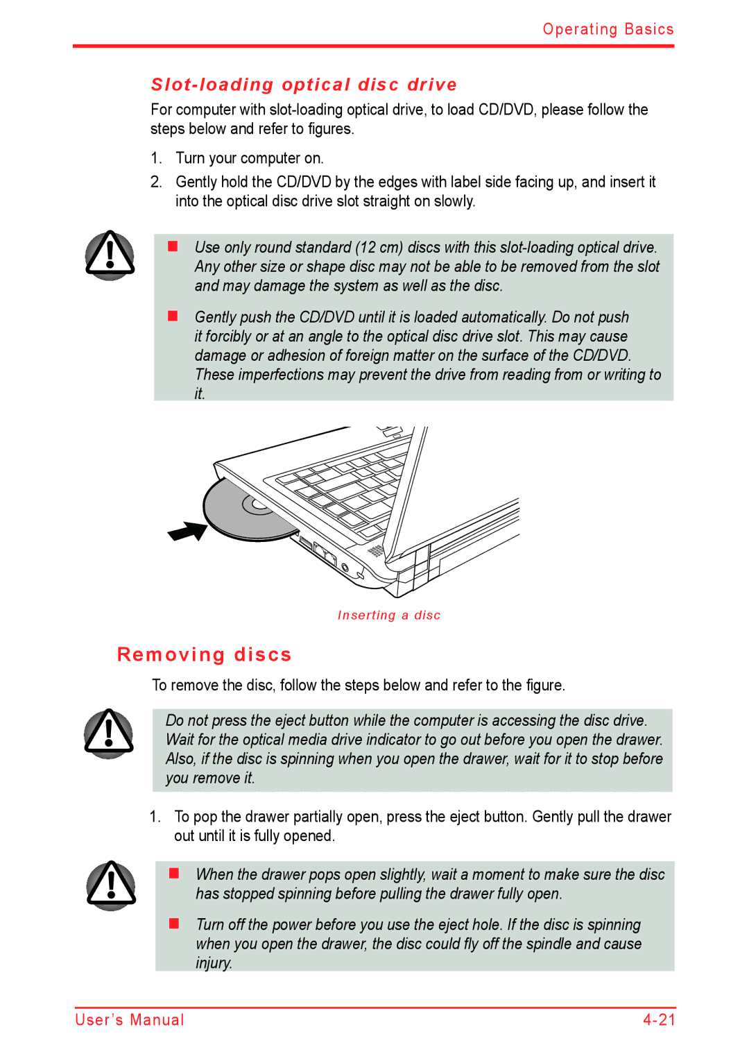 Panasonic U500D user manual Removing discs, Slot-loading optical disc drive 