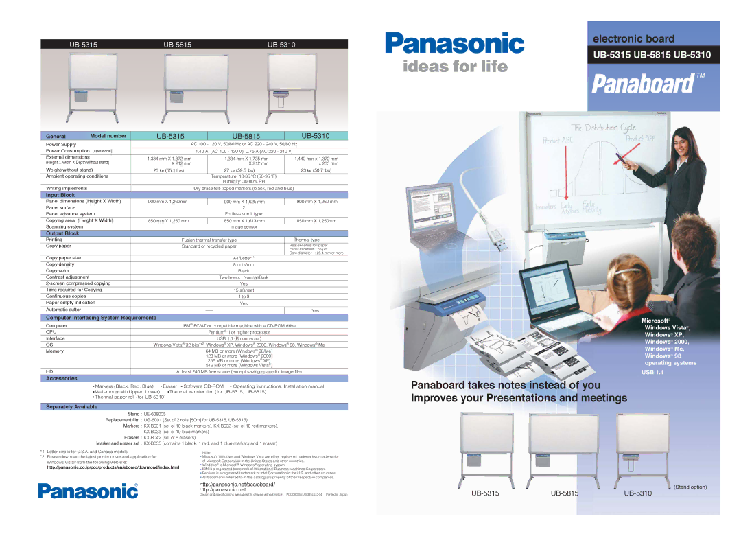 Panasonic UB-5310 dimensions General Model number, Input Block, Output Block, Computer Interfacing System Requirements 