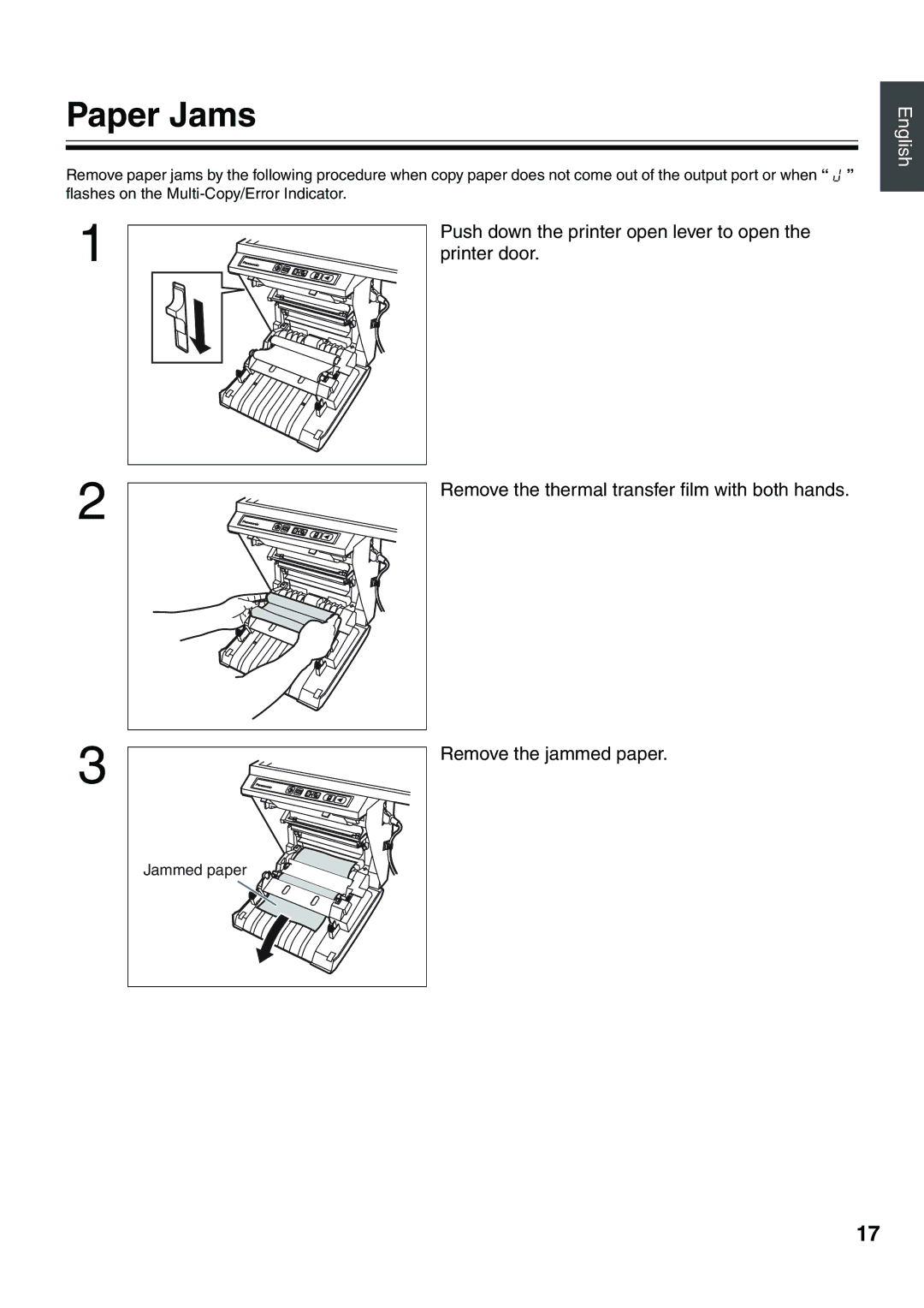 Panasonic UB-5315 installation manual Paper Jams, Remove the jammed paper 