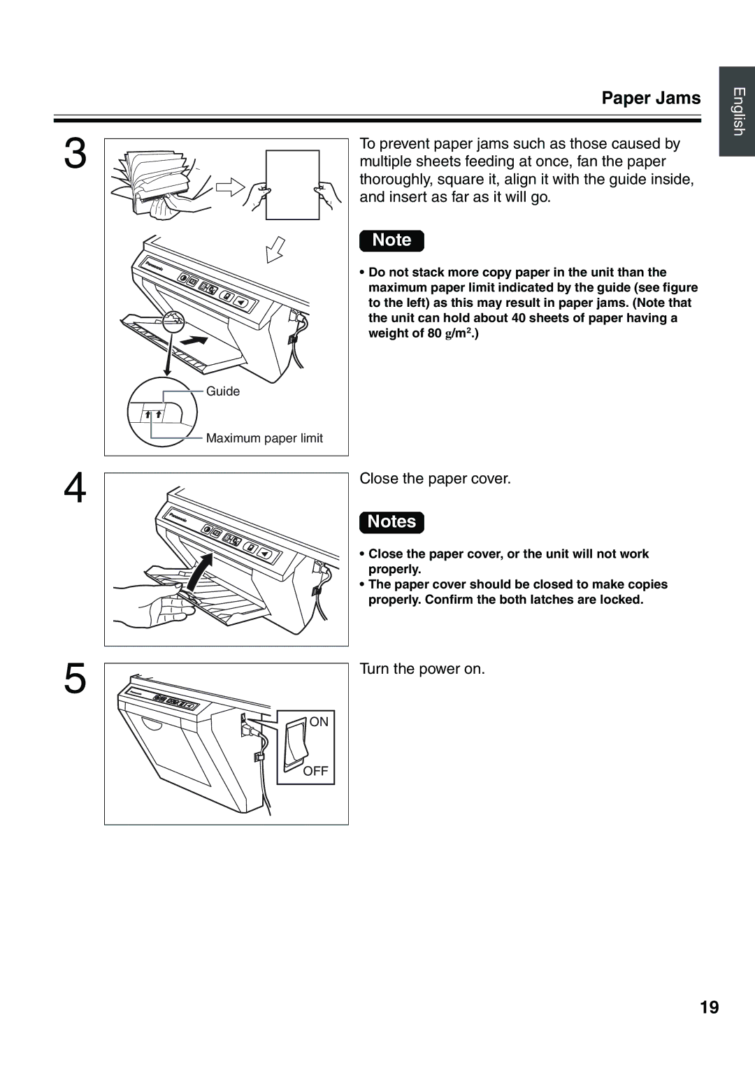 Panasonic UB-5315 installation manual Close the paper cover, Turn the power on 