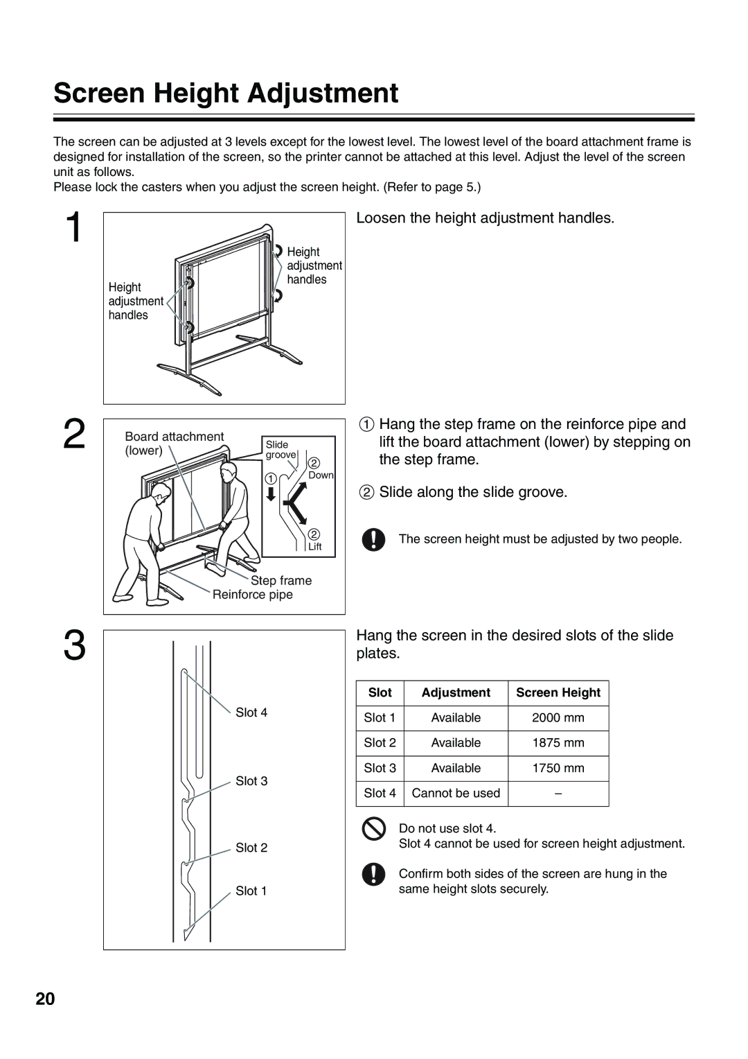 Panasonic UB-5315 installation manual Screen Height Adjustment, Loosen the height adjustment handles 