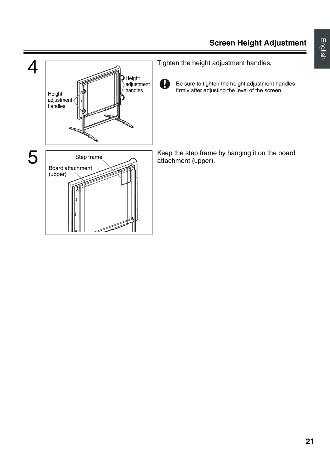 Panasonic UB-5315 installation manual Screen Height Adjustment, Tighten the height adjustment handles 