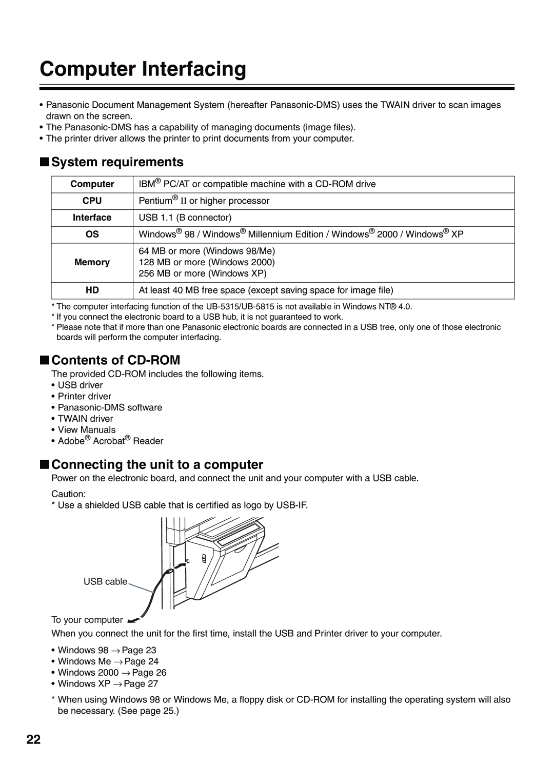 Panasonic UB-5315 Computer Interfacing, System requirements, Contents of CD-ROM, Connecting the unit to a computer 