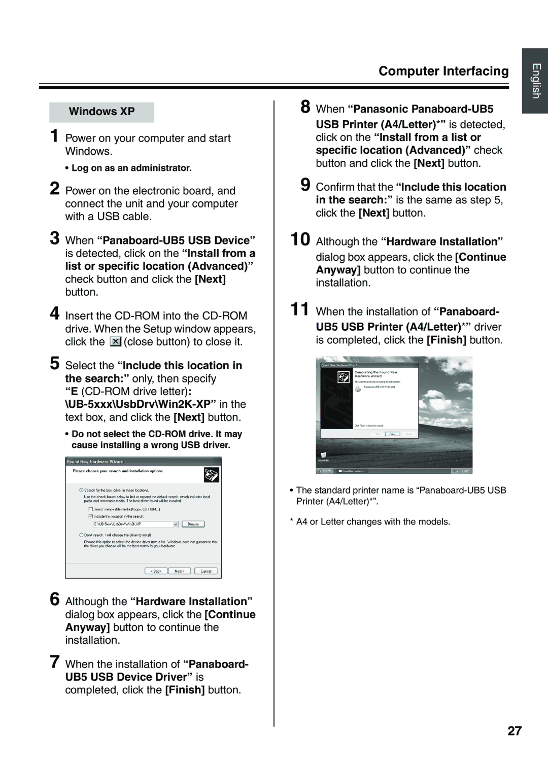 Panasonic UB-5315 installation manual Windows XP, UB5 USB Printer A4/Letter* driver 