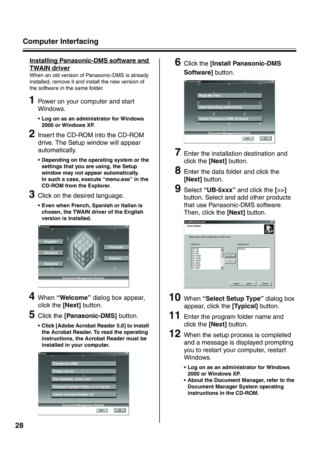 Panasonic UB-5315 installation manual Installing Panasonic-DMS software and Twain driver, Click on the desired language 