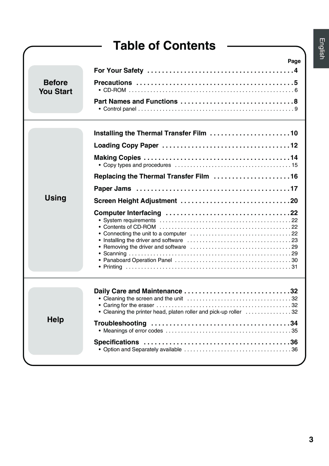 Panasonic UB-5315 installation manual Table of Contents 