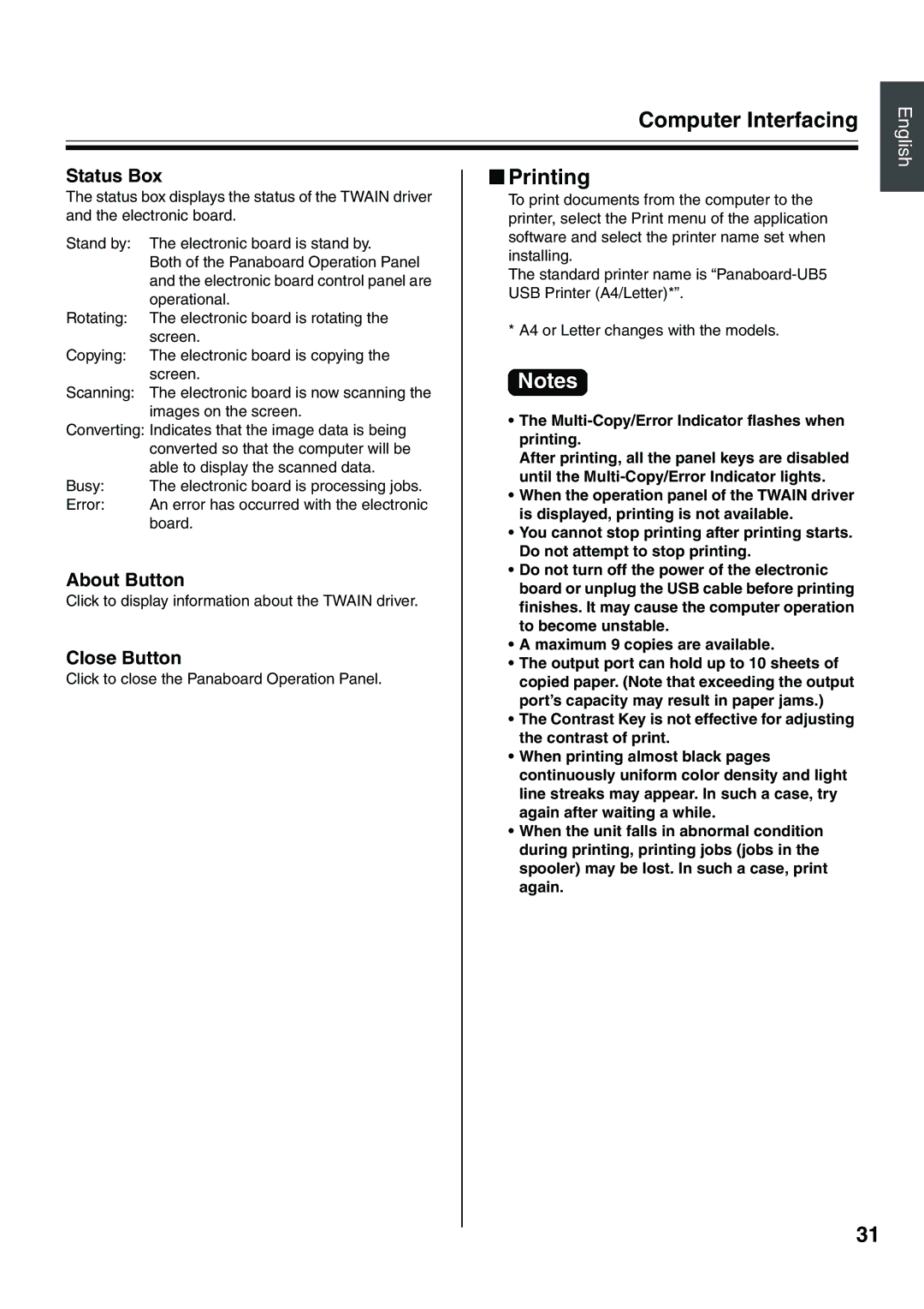 Panasonic UB-5315 installation manual Printing, Status Box, About Button, Close Button 