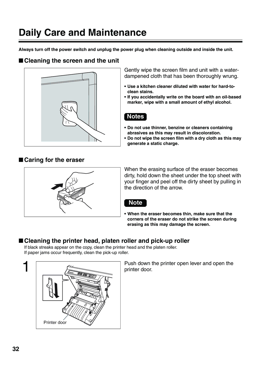 Panasonic UB-5315 installation manual Daily Care and Maintenance, Cleaning the screen and the unit, Caring for the eraser 