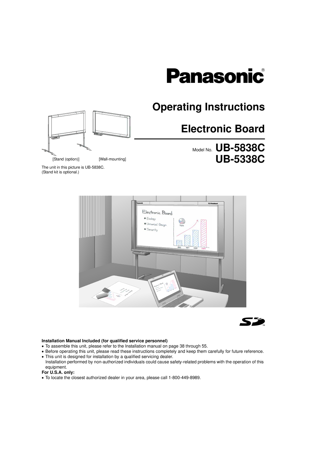 Panasonic UB-5338C operating instructions Installation Manual Included for qualified service personnel, For U.S.A. only 